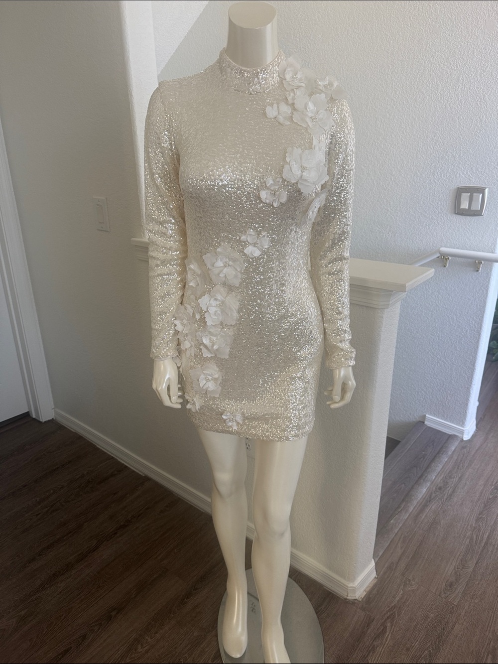 Ivory Sequin Floral Appliqué Mini Dress